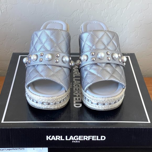 New Karl Lagerfeld Sandals 6.5 Camila Silver Pearl Stud Jute Platform Wedge - Picture 3 of 10